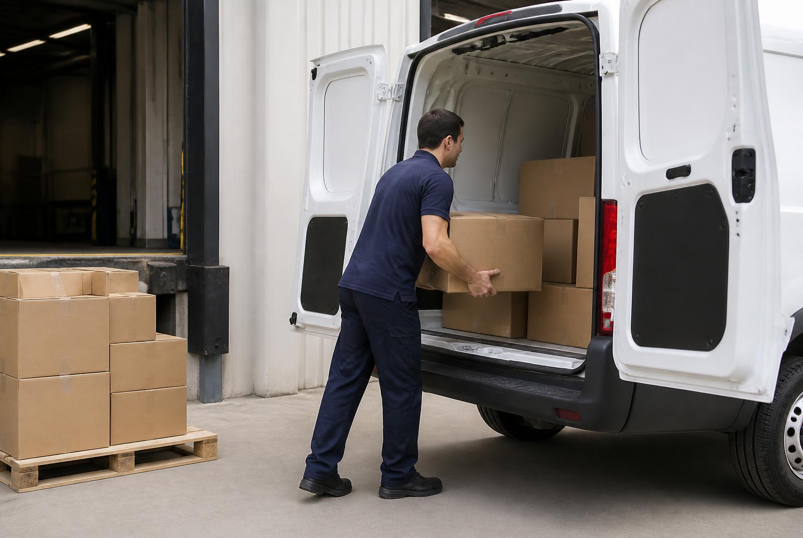 Colaborador carregando caixas em veículo de entrega
